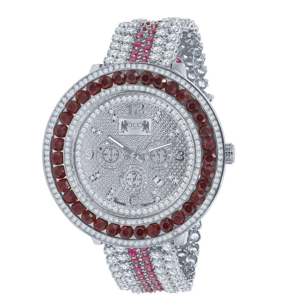 Mens Custom Ruby Red Solitaire Bezel Watch Iced Out Band Date Analog XL 60mm Real Diamonds Dial
