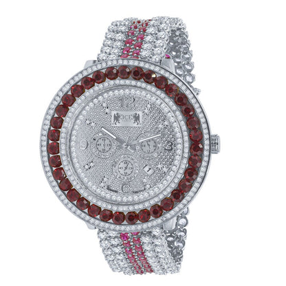 Mens Custom Ruby Red Solitaire Bezel Watch Iced Out Band Date Analog XL 60mm Real Diamonds Dial