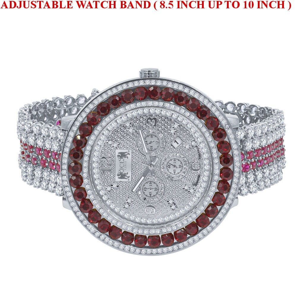 Mens Custom Ruby Red Solitaire Bezel Watch Iced Out Band Date Analog XL 60mm Real Diamonds Dial