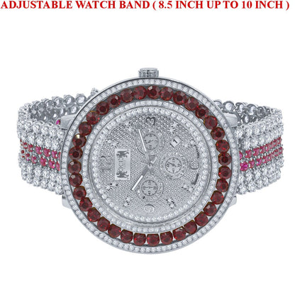 Mens Custom Ruby Red Solitaire Bezel Watch Iced Out Band Date Analog XL 60mm Real Diamonds Dial