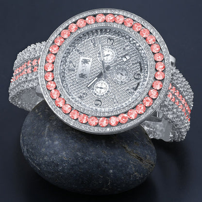 Genuine Diamond Dial Iced Out Mens Pink Watch 18K White Gold Finish Khronos Stainless Steel Back W/Date Function