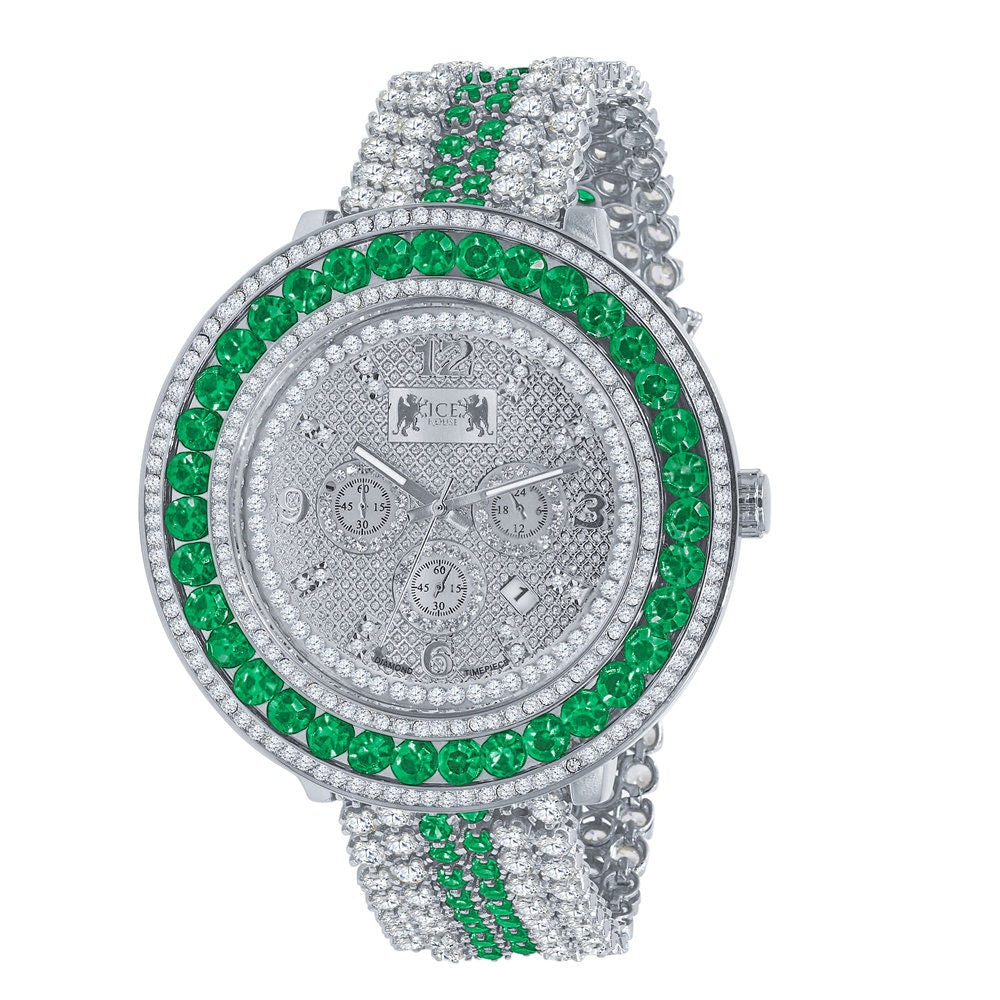 Genuine Diamond Dial Iced Out Mens Green Solitaire Watch 18K White Gold Finish Khronos Stainless Steel Back W/Date Function