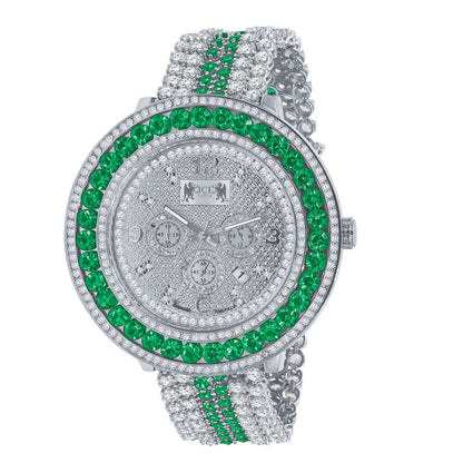 Genuine Diamond Dial Iced Out Mens Green Solitaire Watch 18K White Gold Finish Khronos Stainless Steel Back W/Date Function