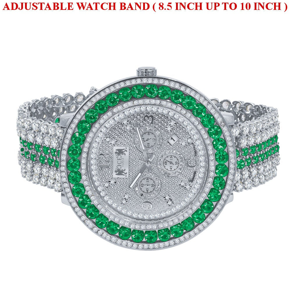 Genuine Diamond Dial Iced Out Mens Green Solitaire Watch 18K White Gold Finish Khronos Stainless Steel Back W/Date Function
