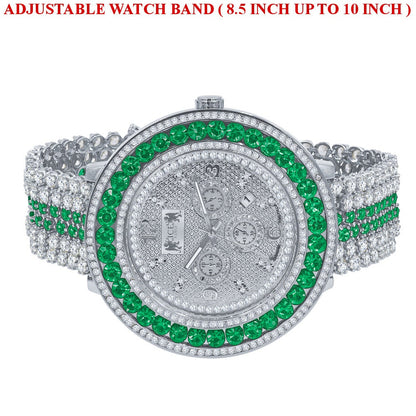 Genuine Diamond Dial Iced Out Mens Green Solitaire Watch 18K White Gold Finish Khronos Stainless Steel Back W/Date Function