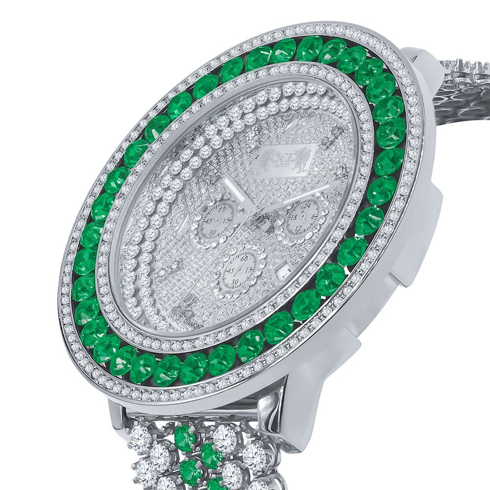 Genuine Diamond Dial Iced Out Mens Green Solitaire Watch 18K White Gold Finish Khronos Stainless Steel Back W/Date Function