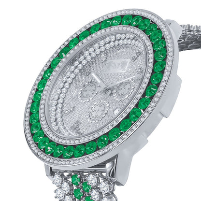 Genuine Diamond Dial Iced Out Mens Green Solitaire Watch 18K White Gold Finish Khronos Stainless Steel Back W/Date Function