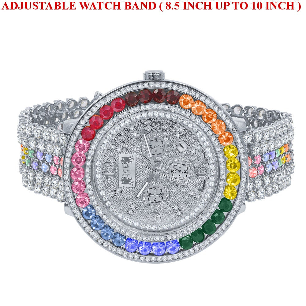 Genuine Diamond Dial Rainbow Solitaire Iced Out Mens Watch 18K White Gold Finish Khronos Stainless Steel Back W/Date