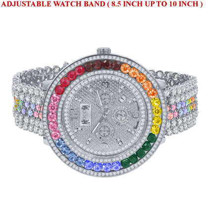 Genuine Diamond Dial Rainbow Solitaire Iced Out Mens Watch 18K White Gold Finish Khronos Stainless Steel Back W/Date