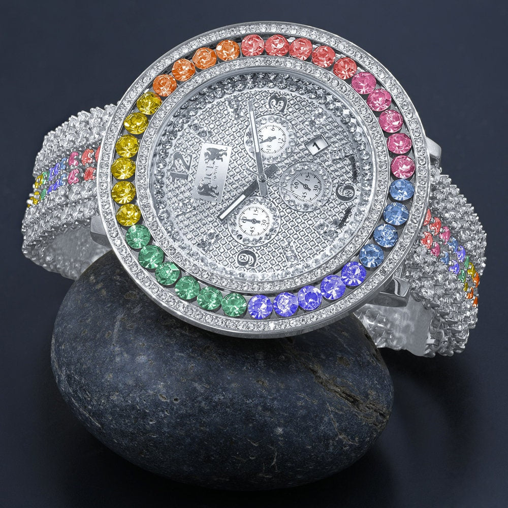 Genuine Diamond Dial Rainbow Solitaire Iced Out Mens Watch 18K White Gold Finish Khronos Stainless Steel Back W/Date