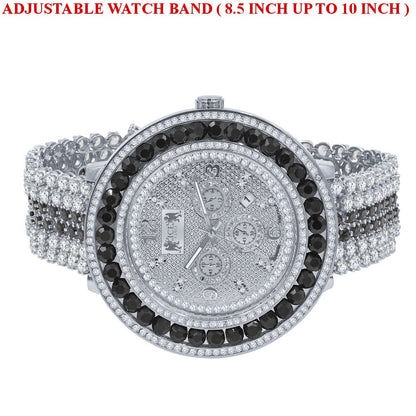 Mens 18K White Gold Finish Stainless Steel Back W/Date Watch Real Diamond Dial Black Solitaire Iced Out