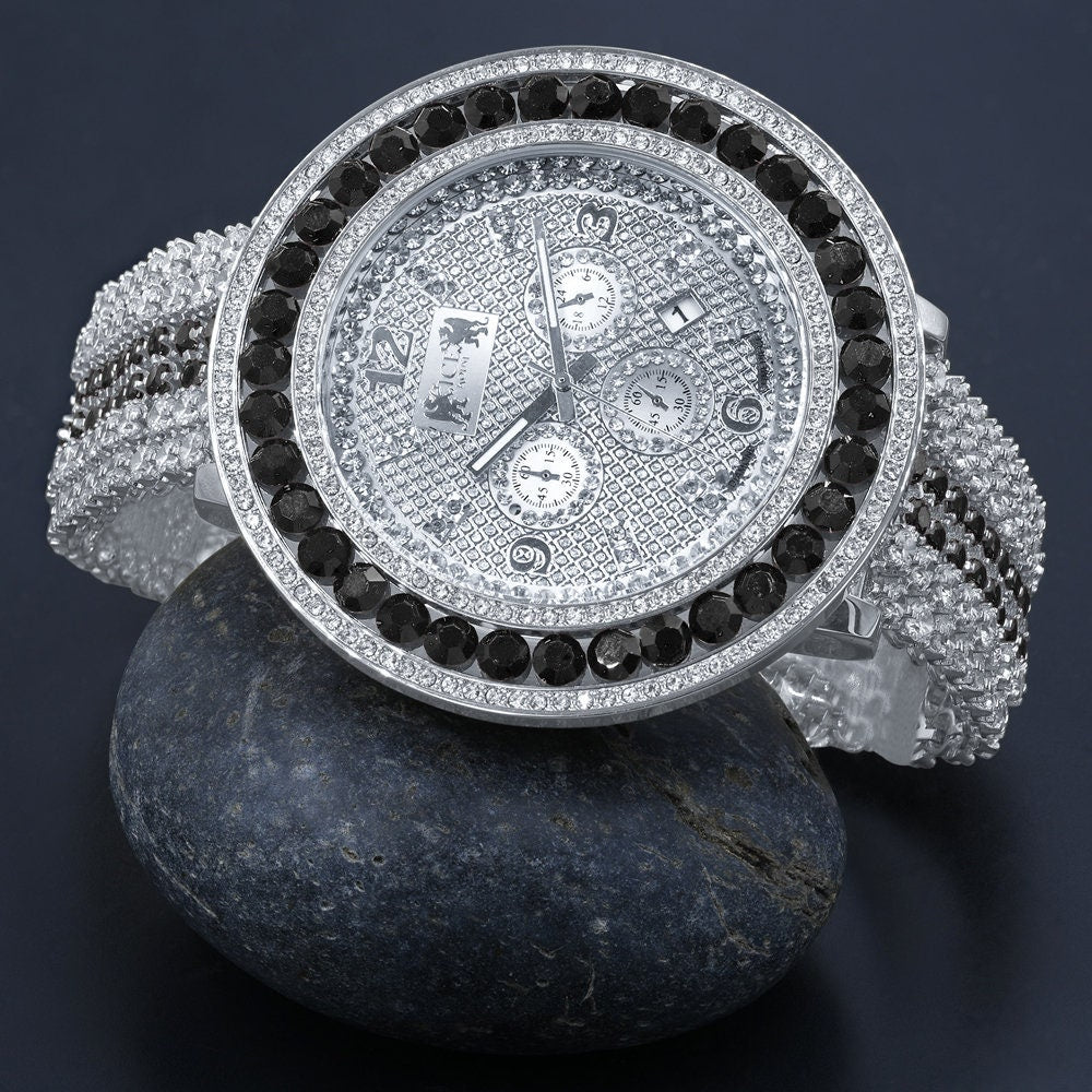 Mens 18K White Gold Finish Stainless Steel Back W/Date Watch Real Diamond Dial Black Solitaire Iced Out