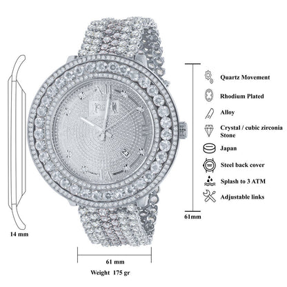 Mens Iced Out Watch W/Date Roman Face Solid Steel 18K White Gold Tone Custom Band Solitaire Bezel