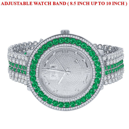 Green Solitaire Jo Rodeo Khronos Mens Diamond Dial Watch Roman Numeral Face White Gold Finish W/Date