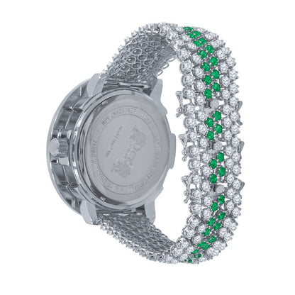 Green Solitaire Jo Rodeo Khronos Mens Diamond Dial Watch Roman Numeral Face White Gold Finish W/Date
