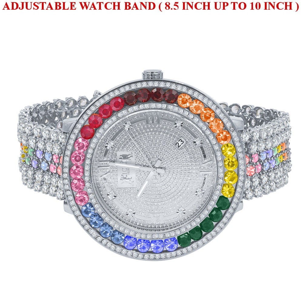 Rainbow Solitaire Jo Rodeo Khronos Mens Diamond Dial Watch Roman Numeral Face White Gold Finish W/Date