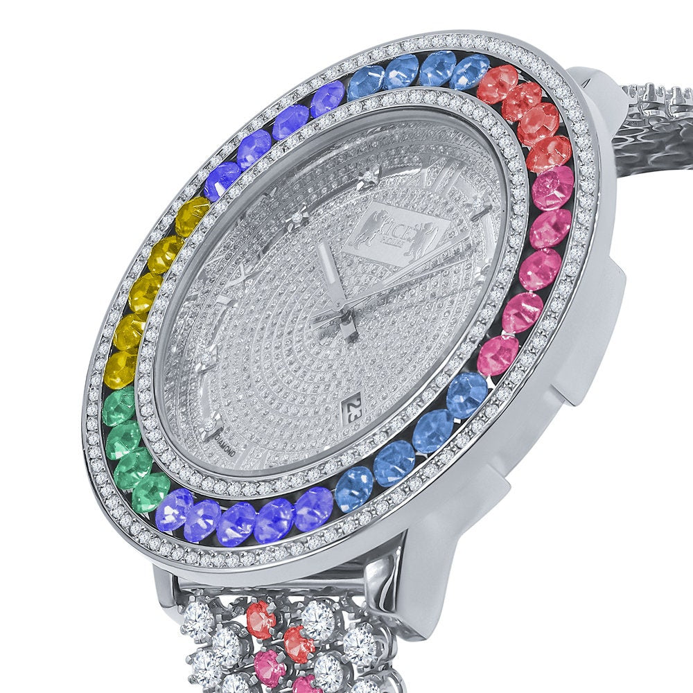 Rainbow Solitaire Jo Rodeo Khronos Mens Diamond Dial Watch Roman Numeral Face White Gold Finish W/Date