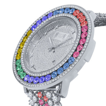 Rainbow Solitaire Jo Rodeo Khronos Mens Diamond Dial Watch Roman Numeral Face White Gold Finish W/Date