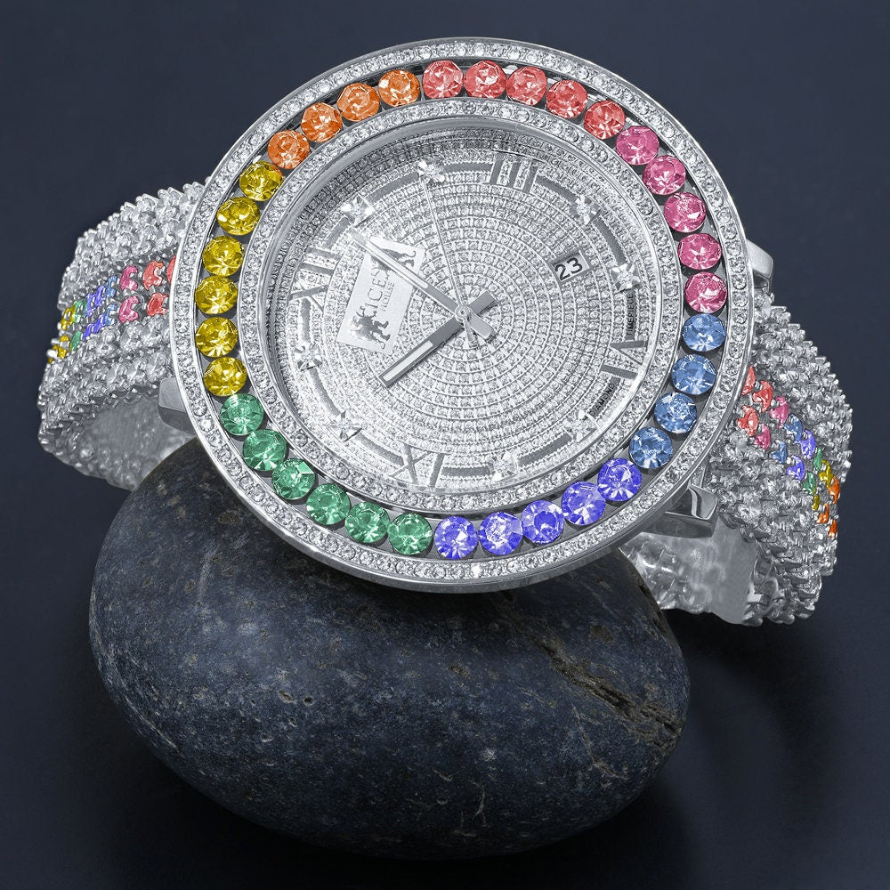 Rainbow Solitaire Jo Rodeo Khronos Mens Diamond Dial Watch Roman Numeral Face White Gold Finish W/Date