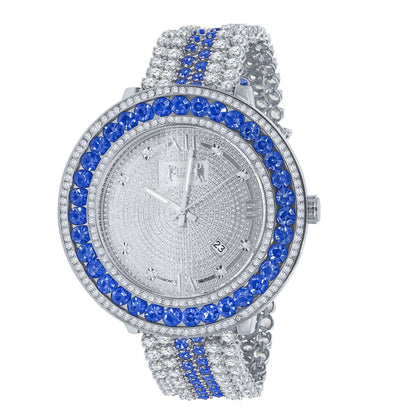 Mens Diamond Dial Watch Green Solitaire Jo Rodeo Khronos Roman Numeral Face White Gold Finish W/Date