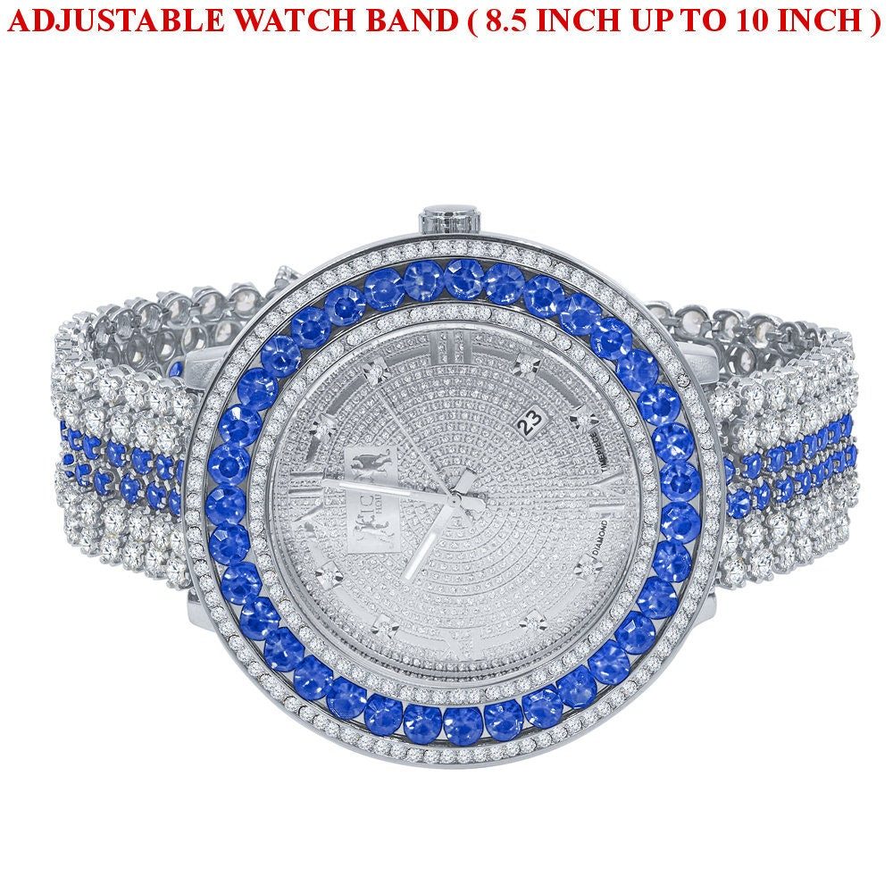 Mens Diamond Dial Watch Green Solitaire Jo Rodeo Khronos Roman Numeral Face White Gold Finish W/Date