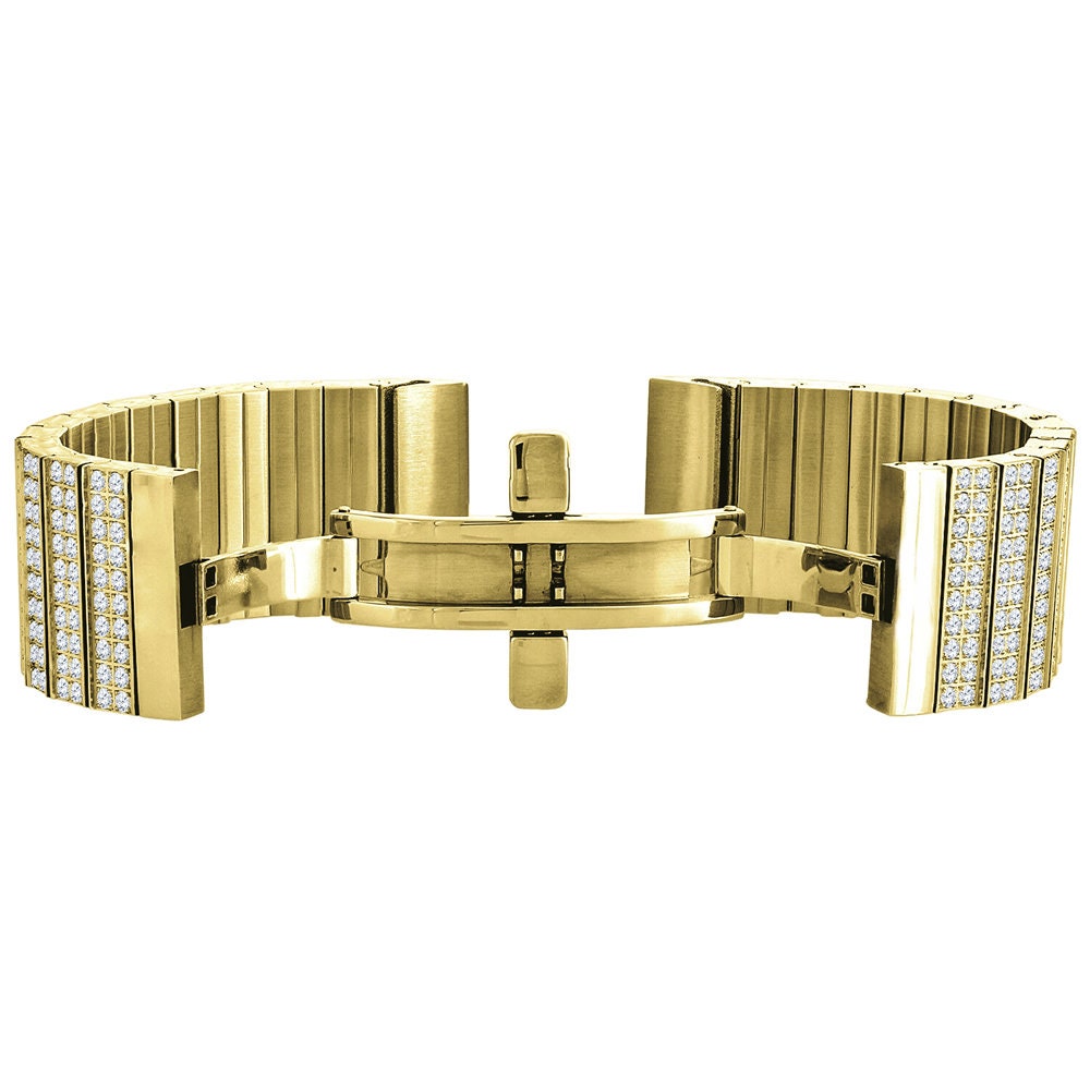 Men's 133+ Grams Solid Stainless Steel 18K Yellow Gold Finish CNC Set 18.00 Cwt. Simulated Diamond Custom Watch Band 24mm