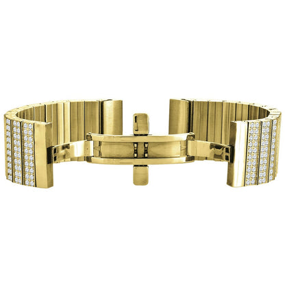 Men's 133+ Grams Solid Stainless Steel 18K Yellow Gold Finish CNC Set 18.00 Cwt. Simulated Diamond Custom Watch Band 24mm