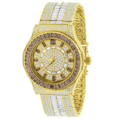 Chocolate Brown  Baguette Simulated Diamond 18K Gold Finish Iced Out Custom Band Luxury Watch