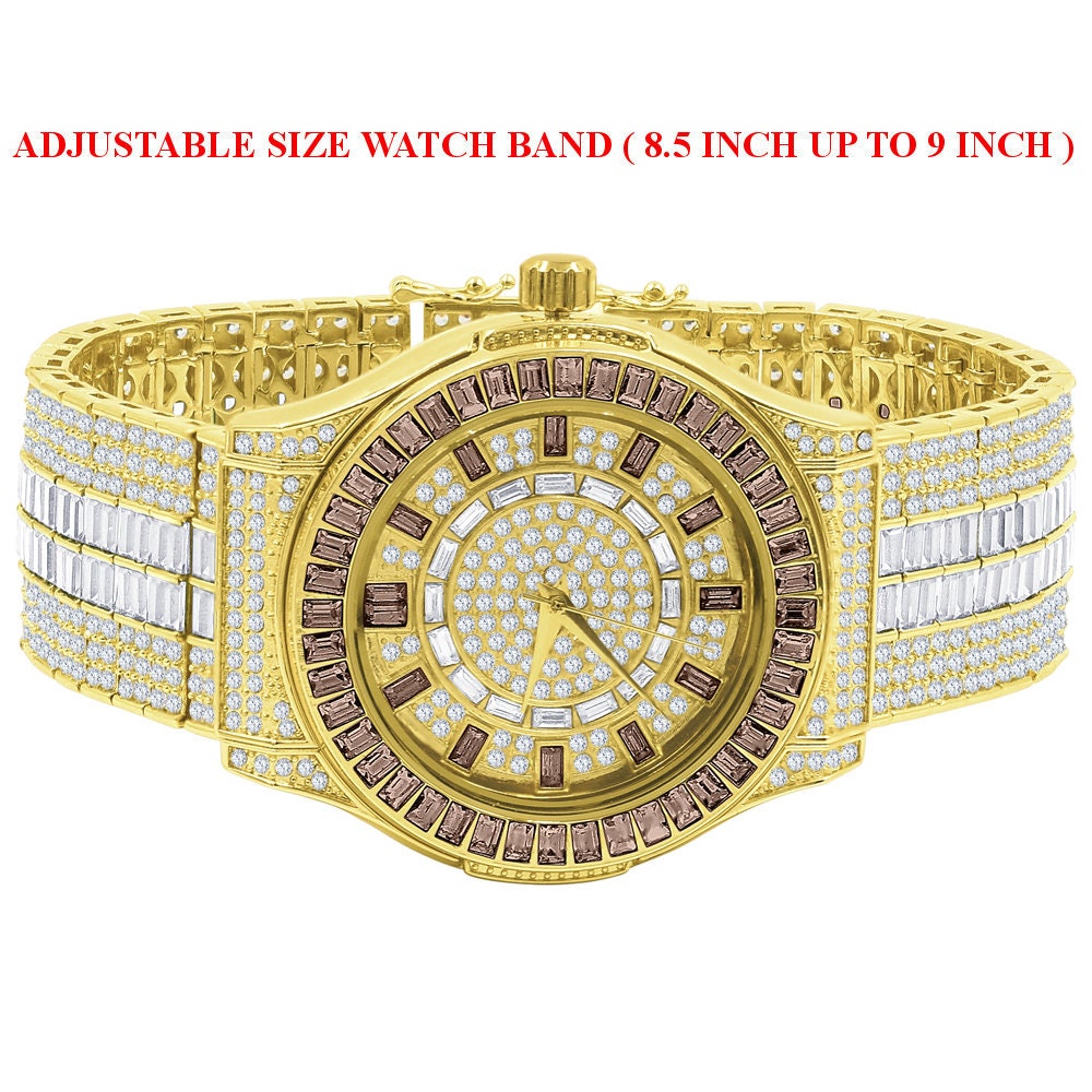 Chocolate Brown  Baguette Simulated Diamond 18K Gold Finish Iced Out Custom Band Luxury Watch