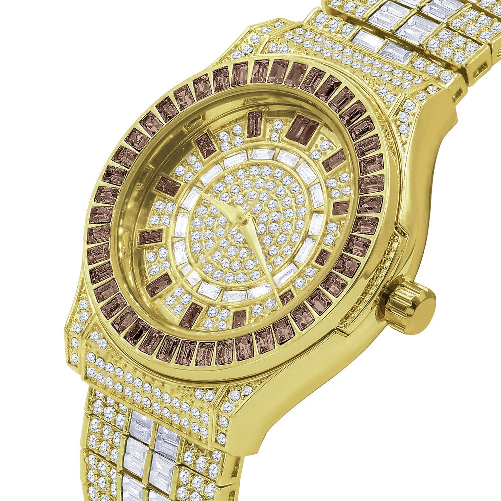 Chocolate Brown  Baguette Simulated Diamond 18K Gold Finish Iced Out Custom Band Luxury Watch