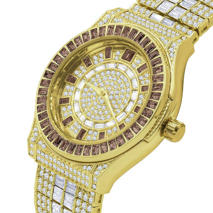 Chocolate Brown  Baguette Simulated Diamond 18K Gold Finish Iced Out Custom Band Luxury Watch