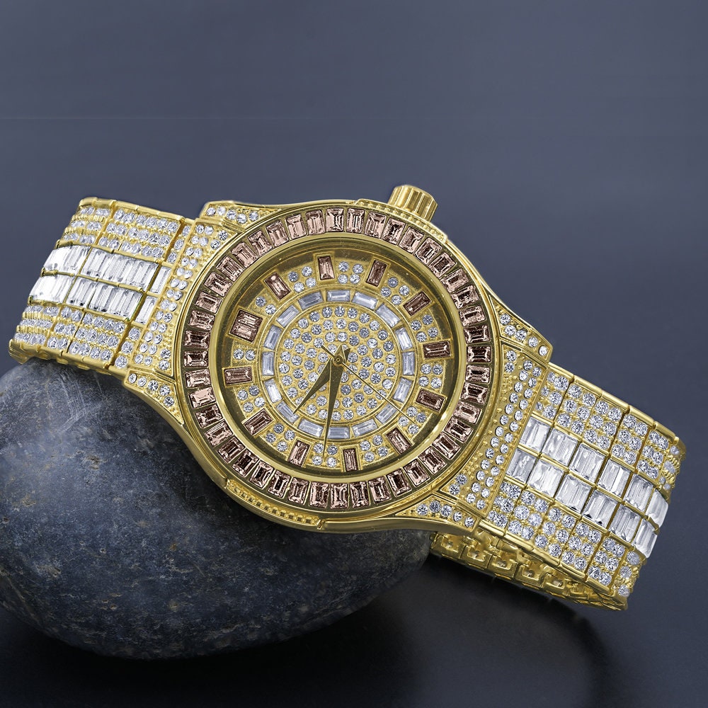 Chocolate Brown  Baguette Simulated Diamond 18K Gold Finish Iced Out Custom Band Luxury Watch