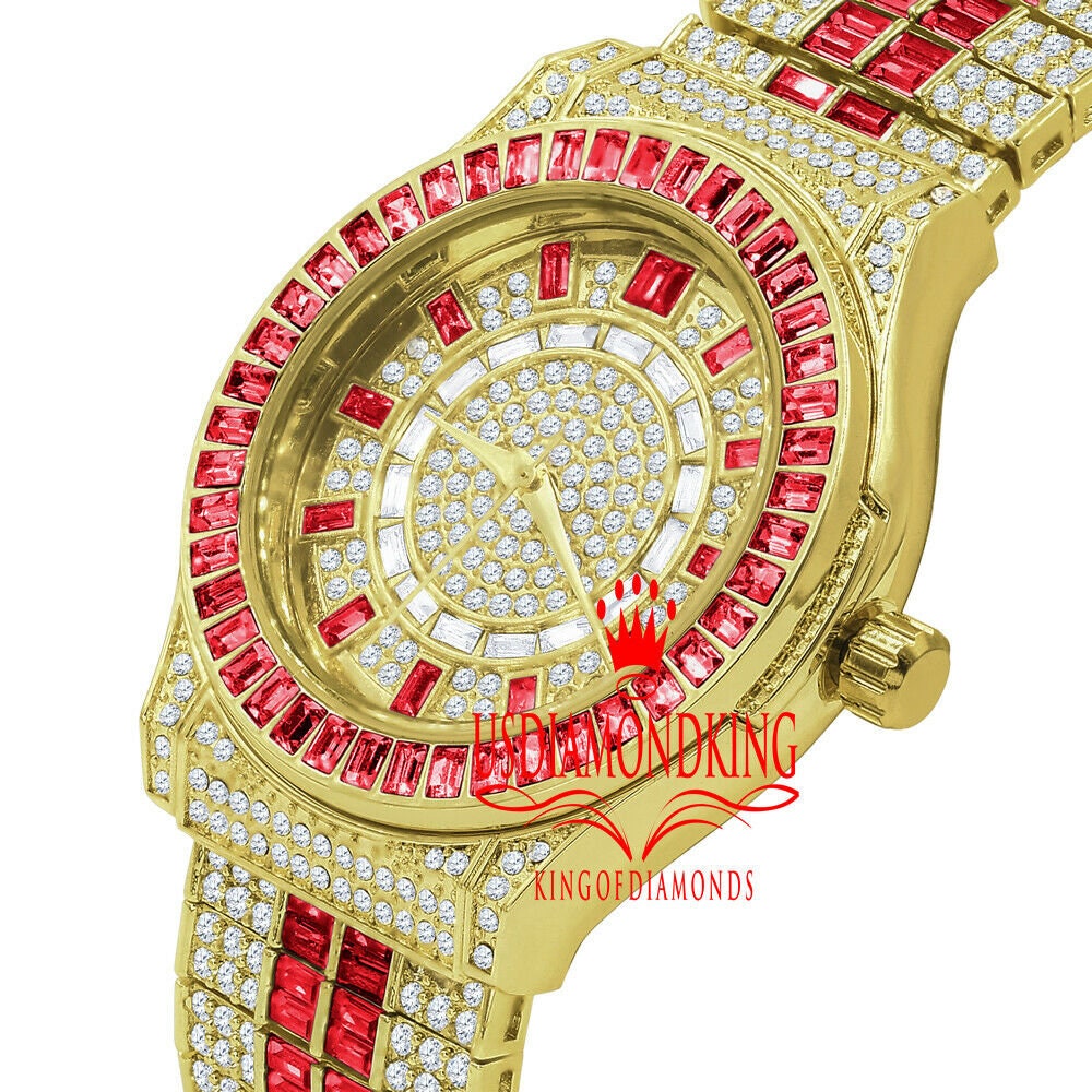 Ruby Red Baguette Simulated Diamond 18K Gold Finish Iced Out Custom Band Luxury Watch