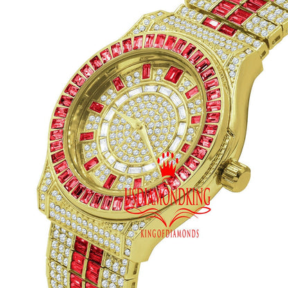 Ruby Red Baguette Simulated Diamond 18K Gold Finish Iced Out Custom Band Luxury Watch