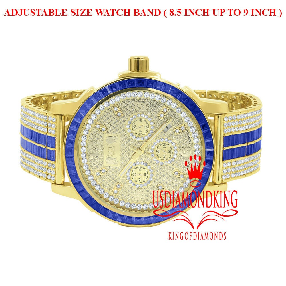Real Diamond Dial Stainless Steel Baguette Bezel Sapphire Blue Gold Tone Mens Watch W/Date