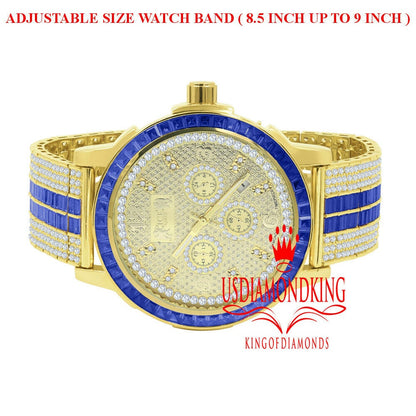 Real Diamond Dial Stainless Steel Baguette Bezel Sapphire Blue Gold Tone Mens Watch W/Date