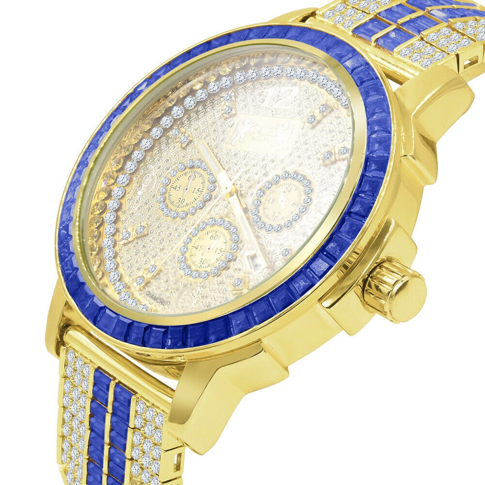 Real Diamond Dial Stainless Steel Baguette Bezel Sapphire Blue Gold Tone Mens Watch W/Date