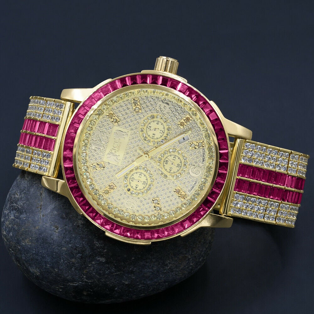 Mens Genuine Diamond Dial Stainless Steel Pink Face Custom Bezel Gold Tone Adjustable Band Watch W/Date