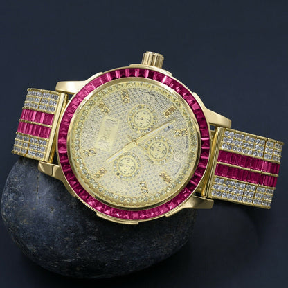 Mens Genuine Diamond Dial Stainless Steel Pink Face Custom Bezel Gold Tone Adjustable Band Watch W/Date