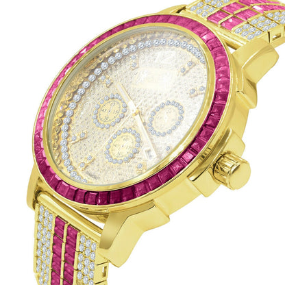Mens Genuine Diamond Dial Stainless Steel Pink Face Custom Bezel Gold Tone Adjustable Band Watch W/Date
