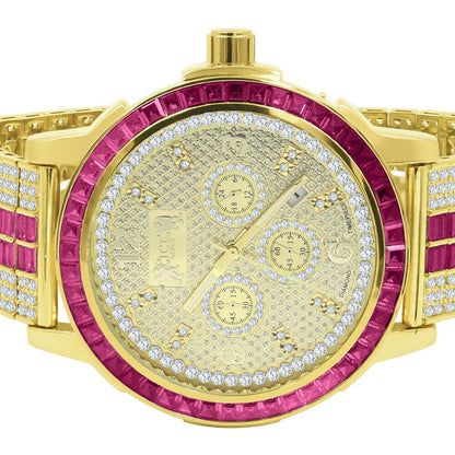 Mens Genuine Diamond Dial Stainless Steel Pink Face Custom Bezel Gold Tone Adjustable Band Watch W/Date