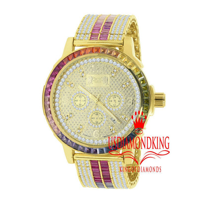 Mens Rainbow Multi Tone Watch 18K Gold Finish Solid Steel Bezel Real Diamond Dial W/Date Function