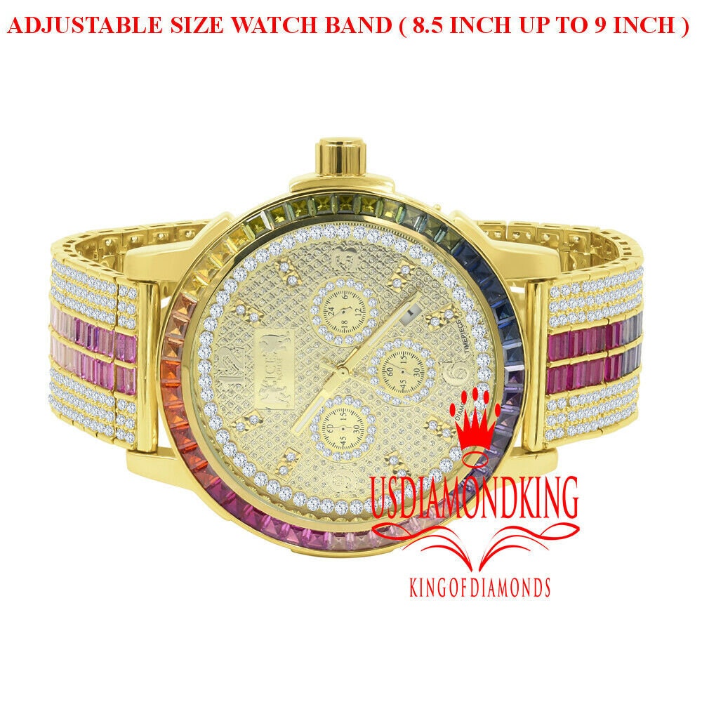 Mens Rainbow Multi Tone Watch 18K Gold Finish Solid Steel Bezel Real Diamond Dial W/Date Function