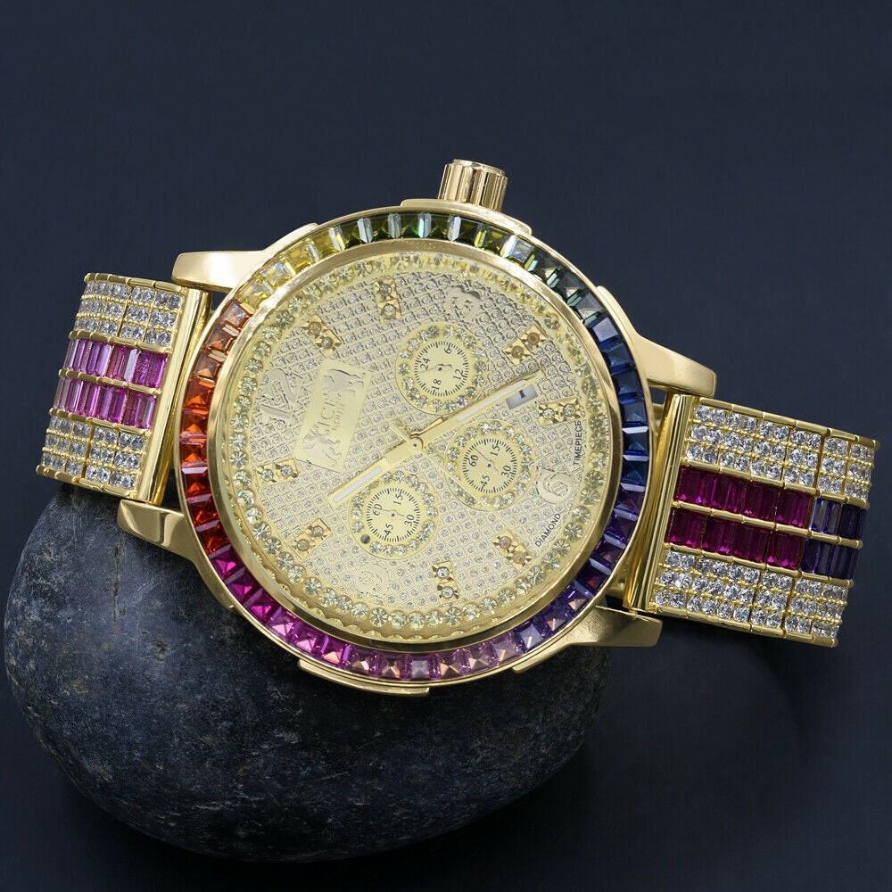 Mens Rainbow Multi Tone Watch 18K Gold Finish Solid Steel Bezel Real Diamond Dial W/Date Function