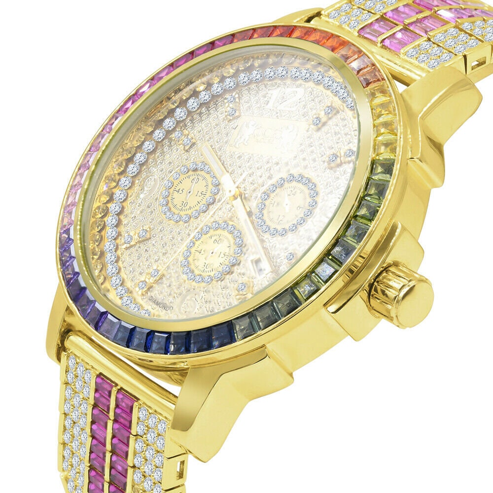 Mens Rainbow Multi Tone Watch 18K Gold Finish Solid Steel Bezel Real Diamond Dial W/Date Function