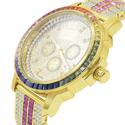Mens Rainbow Multi Tone Watch 18K Gold Finish Solid Steel Bezel Real Diamond Dial W/Date Function