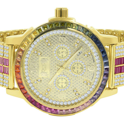 Mens Rainbow Multi Tone Watch 18K Gold Finish Solid Steel Bezel Real Diamond Dial W/Date Function