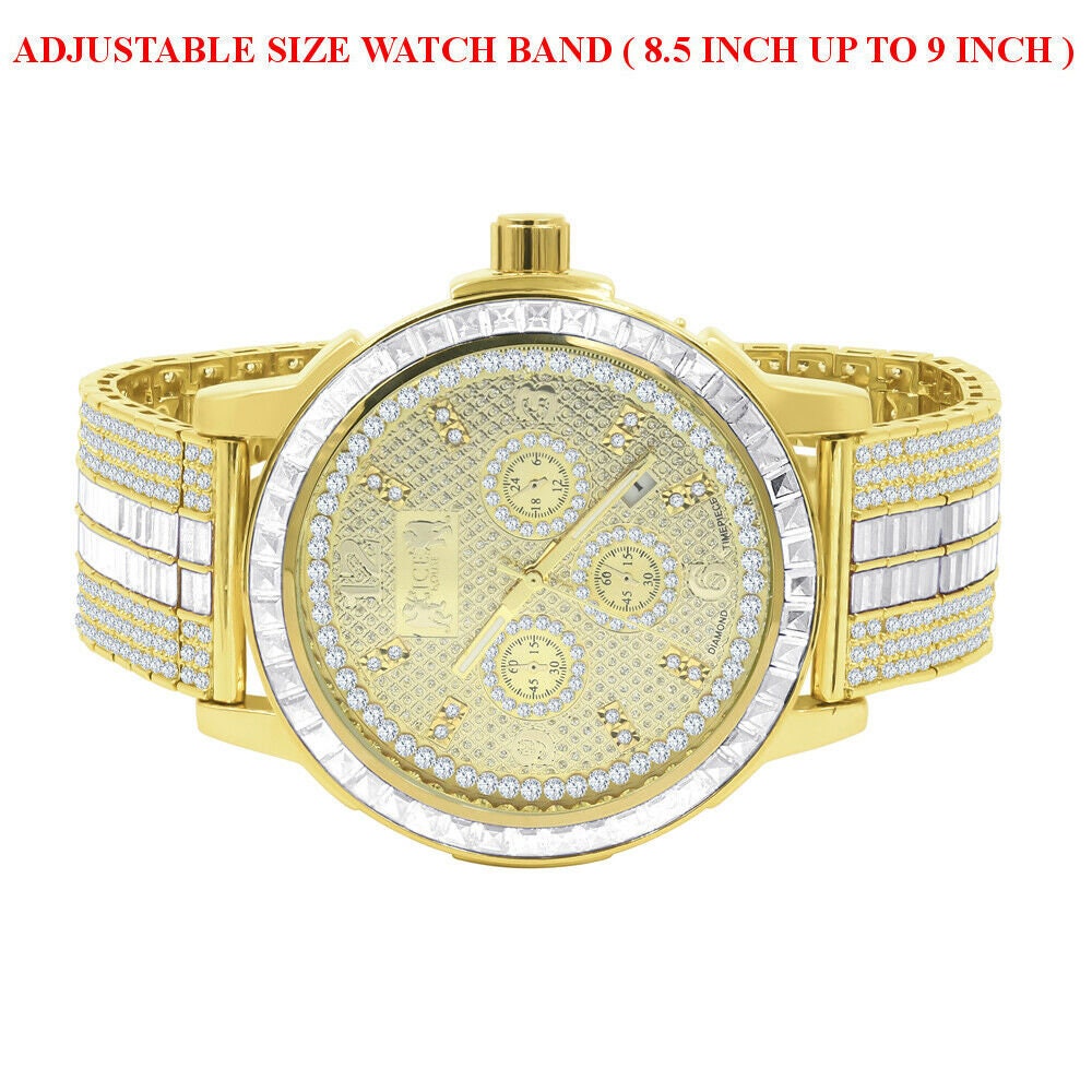 Adjustable Band Mens 18K Yellow Gold Finish Solid Steel Bezel Custom Band Watch W/Date Function