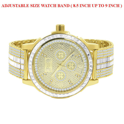 Adjustable Band Mens 18K Yellow Gold Finish Solid Steel Bezel Custom Band Watch W/Date Function