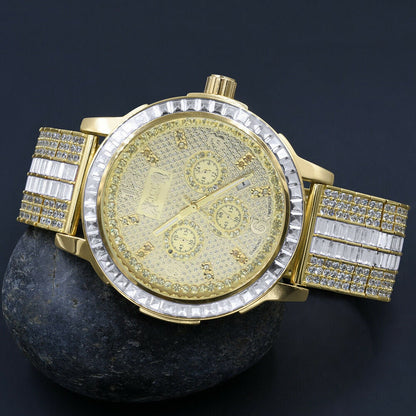 Adjustable Band Mens 18K Yellow Gold Finish Solid Steel Bezel Custom Band Watch W/Date Function